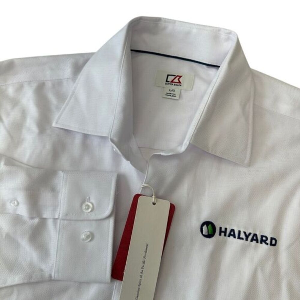 NWT Cutter & Buck Button Up Shirt Long Sleeve Collared Halyard White‎ Mens Large